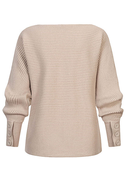 Sublevel Dames Ribbed Trui met vleermuismouwen en knoopjes op de mouw sand beige