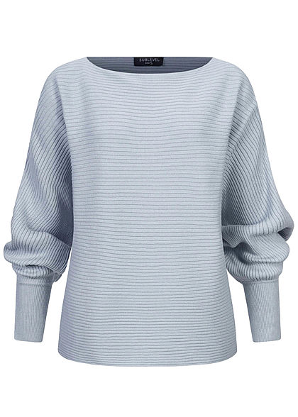 Sublevel Dames Ribbed Trui met vleermuismouwen en knoopjes op de mouw jeans blauw