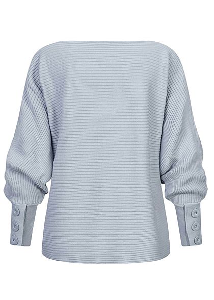 Sublevel Dames Ribbed Trui met vleermuismouwen en knoopjes op de mouw jeans blauw