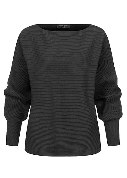 Sublevel Dames Ribbed Trui met vleermuismouwen en knoopjes op de mouw zwart