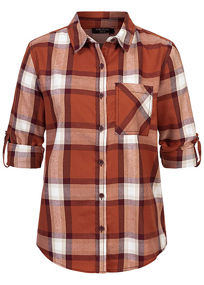Sublevel Dames Turn-Up geruite Blouse met borstzak Regular Fit knoopsluiting rusty oranje