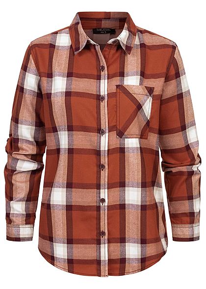 Sublevel Dames Turn-Up geruite Blouse met borstzak Regular Fit knoopsluiting rusty oranje