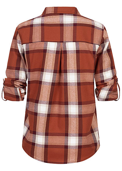 Sublevel Dames Turn-Up geruite Blouse met borstzak Regular Fit knoopsluiting rusty oranje
