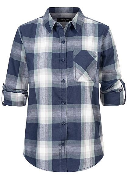 Sublevel Dames Turn-Up geruite Blouse met borstzak Regular Fit knoopsluiting donker navy blauw
