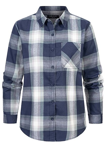 Sublevel Dames Turn-Up geruite Blouse met borstzak Regular Fit knoopsluiting donker navy blauw