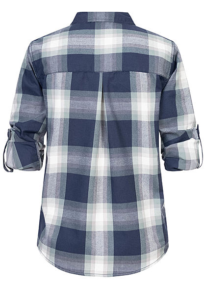 Sublevel Dames Turn-Up geruite Blouse met borstzak Regular Fit knoopsluiting donker navy blauw