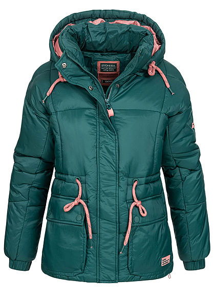 Stitch and Soul Dames Winterjas met Kap 2-Pockets seam moss groen