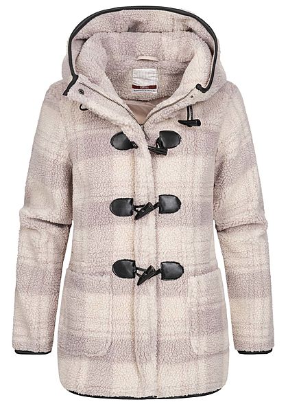 Stitch and Soul Dames Duffle Imitatiebont Jas met Kap geruite patroon 2-Pockets canvas beige