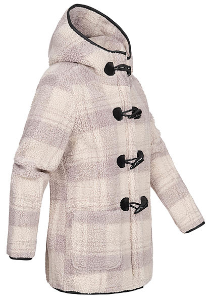 Stitch and Soul Dames Duffle Imitatiebont Jas met Kap geruite patroon 2-Pockets canvas beige