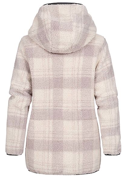 Stitch and Soul Dames Duffle Imitatiebont Jas met Kap geruite patroon 2-Pockets canvas beige
