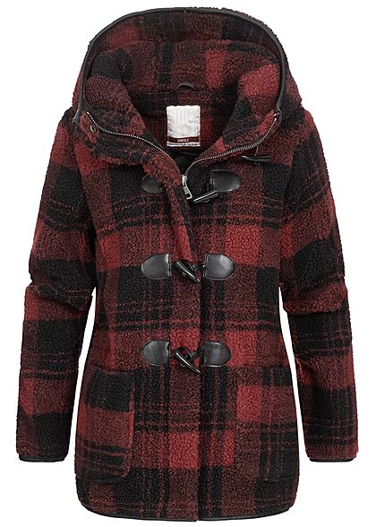 Stitch and Soul Dames Duffle Imitatiebont Jas met Kap geruite patroon 2-Pockets copper rood