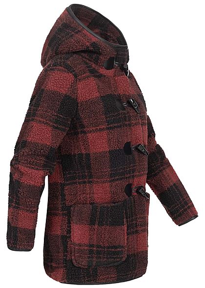 Stitch and Soul Dames Duffle Imitatiebont Jas met Kap geruite patroon 2-Pockets copper rood