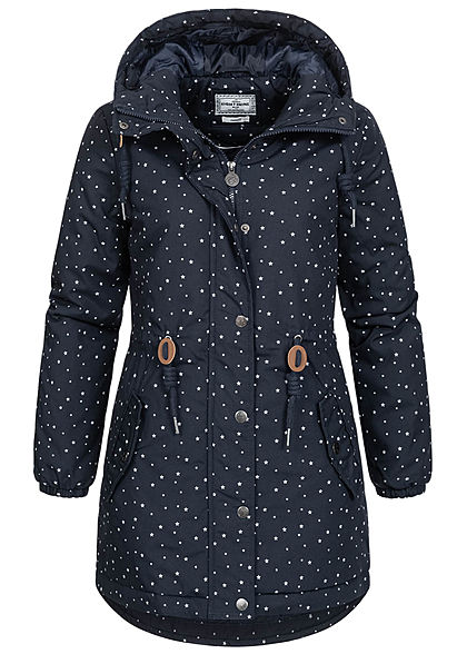 Eight2Nine Dames Winter Parka jas met Kap stippen patroon midnight blauw