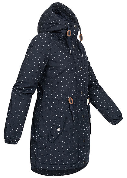 Eight2Nine Dames Winter Parka jas met Kap stippen patroon midnight blauw