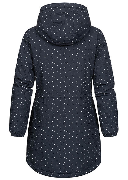 Eight2Nine Dames Winter Parka jas met Kap stippen patroon midnight blauw