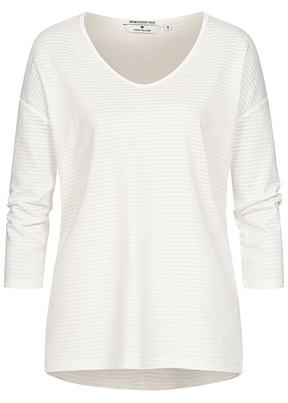 Tom Tailor Dames 3/4 Sleeves Structuur Longsleeve Strepen whisper wit