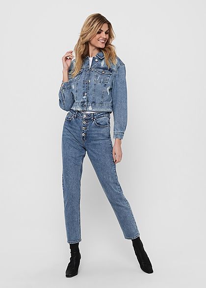 ONLY Dames Kort Jeans Jas Heavy-Destroy Look medium blauw denim