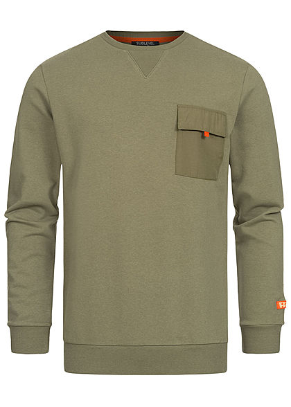Sublevel Herren Sweater Pullover mit Brusttasche vintage oliv grün