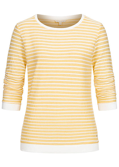 Tom Tailor Damen leichter 3/4 Arm Pullover Sweater mit Strukturstreifen gelb weiss
