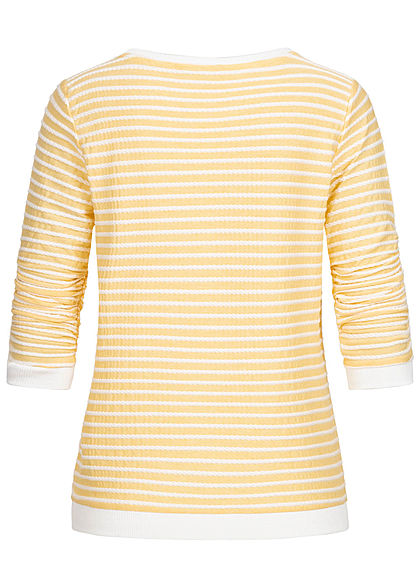 Tom Tailor Damen leichter 3/4 Arm Pullover Sweater mit Strukturstreifen gelb weiss