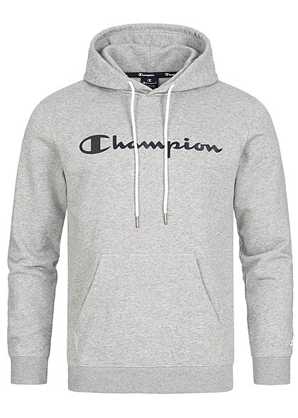 Champion Herren Basic Hoodie Kapuze Kängurutasche & Logo Aufnäher grau schwarz melange