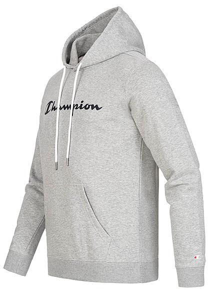 Champion Herren Basic Hoodie Kapuze Kängurutasche & Logo Aufnäher grau schwarz melange