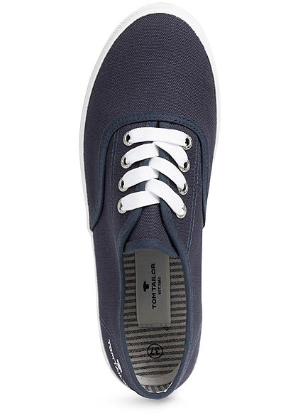 Tom Tailor Dames Canvas platte sneaker met veters blauw wit