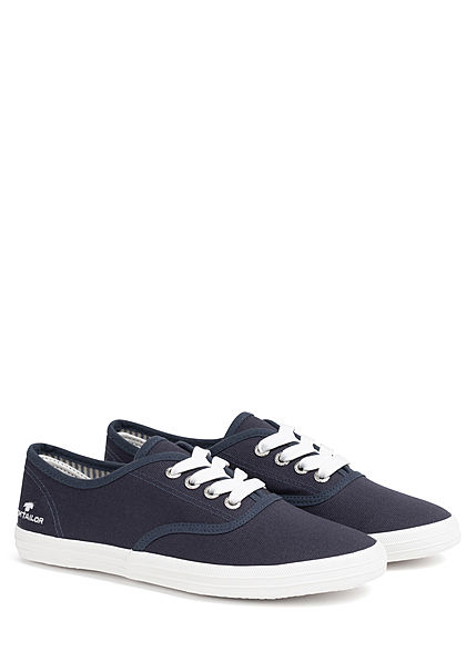 Tom Tailor Dames Canvas platte sneaker met veters blauw wit