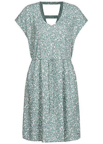 Tom Tailor Damen V-Neck Viskose Kleid Taillengummibund Blumen Muster mineral blau