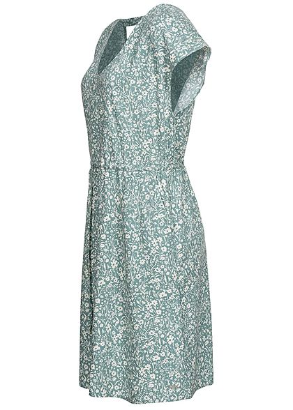 Tom Tailor Damen V-Neck Viskose Kleid Taillengummibund Blumen Muster mineral blau