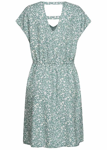Tom Tailor Damen V-Neck Viskose Kleid Taillengummibund Blumen Muster mineral blau