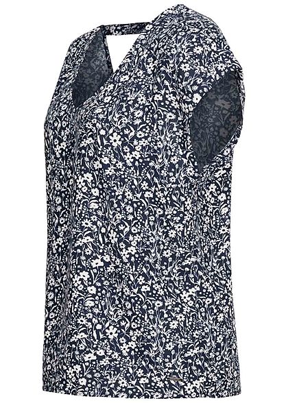Tom Tailor Damen V-Neck Viskose Blusen Shirt Blumen Muster navy blau