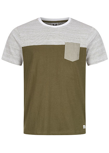 Hailys Herren Basic T-Shirt mit Brusttasche Streifen Muster Colorblock khaki grn