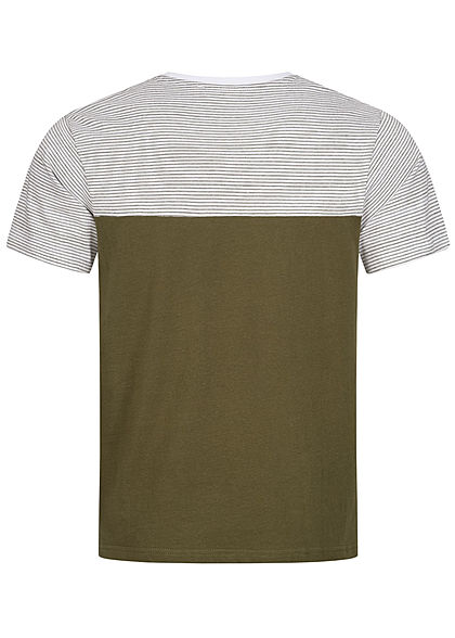 Hailys Herren Basic T-Shirt mit Brusttasche Streifen Muster Colorblock khaki grn