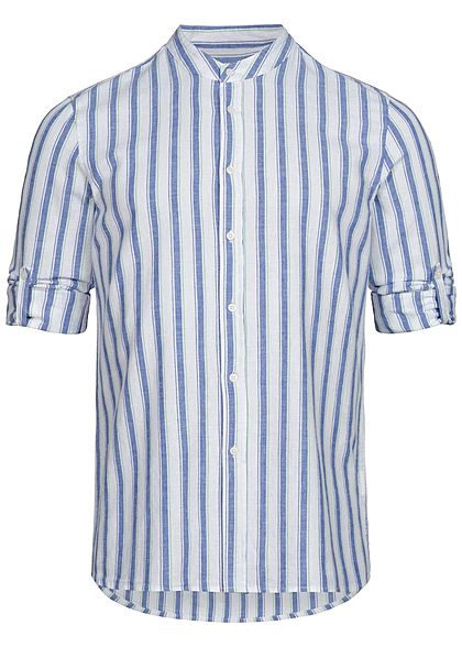 Hailys Herren Turn-Up Linen Hemd Shirt Knopfleiste Streifen Muster weiss blau