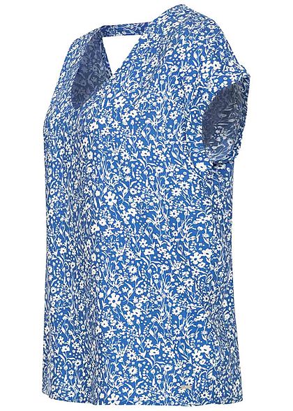 Tom Tailor Damen V-Neck Viskose Blusen Shirt Blumen Muster mid blau weiss