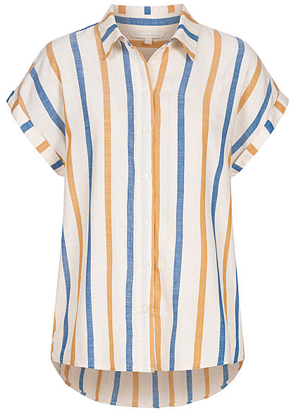 Tom Tailor Damen Viskose Struktur Bluse Streifen Muster Knopfleiste creme gelb blau