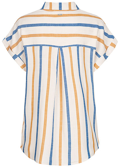 Tom Tailor Damen Viskose Struktur Bluse Streifen Muster Knopfleiste creme gelb blau