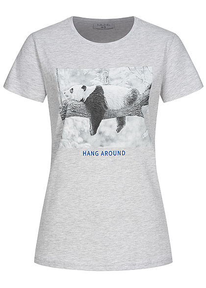 Sublevel Dames Basic T-Shirt Hang Around Panda Print lichtgrijs melange