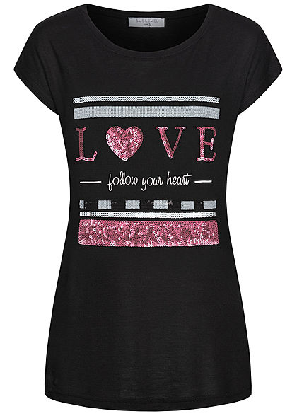 Sublevel Dames T-Shirt Love Print zwart rood wit