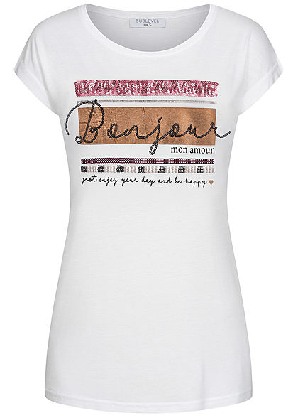 Sublevel Damen T-Shirt Bonjour Print Pailletten weiss rot
