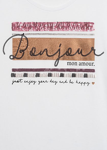 Sublevel Damen T-Shirt Bonjour Print Pailletten weiss rot
