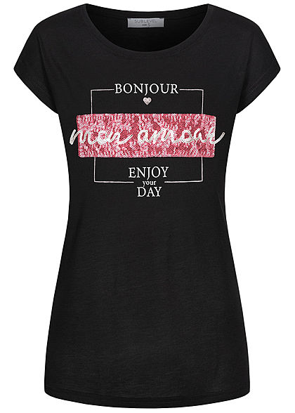 Sublevel Damen T-Shirt Bonjour mon Amour Print Pailletten schwarz weiss rot