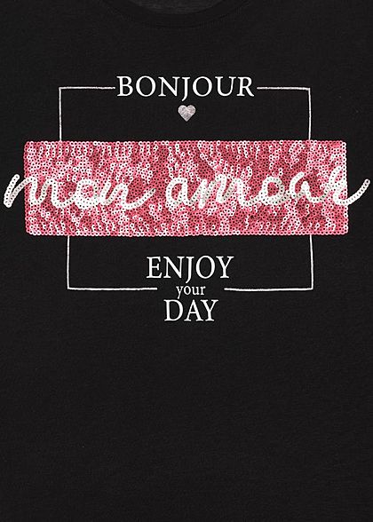 Sublevel Damen T-Shirt Bonjour mon Amour Print Pailletten schwarz weiss rot