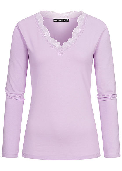 Fresh Made Damen V-Neck Spitzen Longsleeve tender lila - Art.-Nr.: 21030950