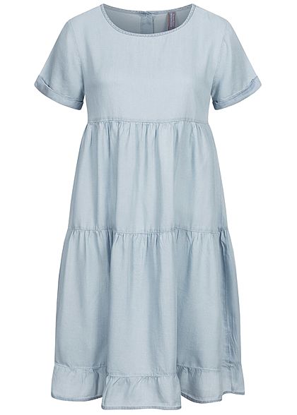 Stitch & Soul Damen Midi Puffer Kleid Knopfleiste hinten hell blau denim - Art.-Nr.: 21030967