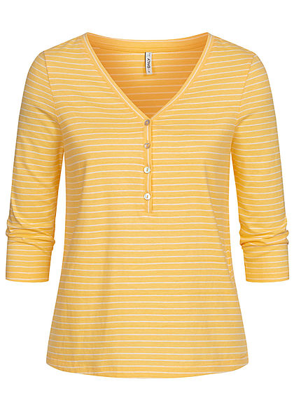 ONLY Damen 3/4 Arm V-Neck Shirt mit Knopfleiste Streifen Muster cornsilk gelb weiss - Art.-Nr.: 21031013