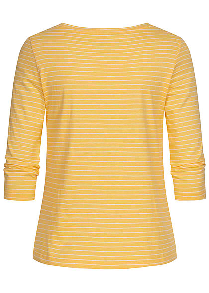 ONLY Damen 3/4 Arm V-Neck Shirt mit Knopfleiste Streifen Muster cornsilk gelb weiss