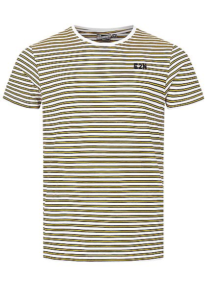 Eight2Nine Heren T-Shirt Strepen Print Logo wit geel zwart