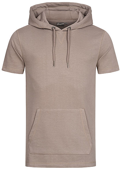 Eight2Nine Herren Kurzarm Sweat Hoodie Kapuze Tunnelzug Kängurutasche hell mud braun